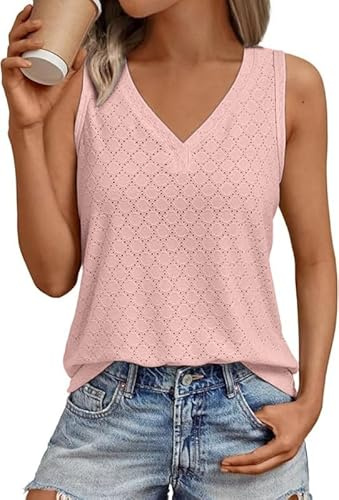 Sukuglam Débardeurs Femme Ete Haut Chic et Elegant sans Manches Col en V Débardeur Aéré Broderie à Œillets Blouse Élastique Lâche Longue Shirt Couleur Unie Boho Tank Tops Décontracté Camisole
