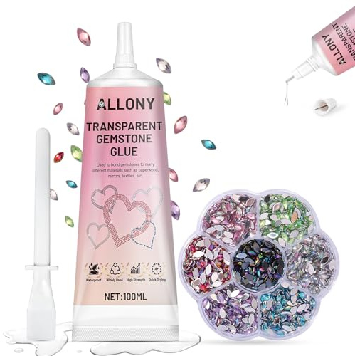 Allony Colla per Strass su Tessuti, Colla Per Bigiotteria, colla per Gioielli Trasparente, 7 Colori Strass, Collas Multiuso Gioielli, Adatto per la Produzione Riparazione gioiellis - 100ML