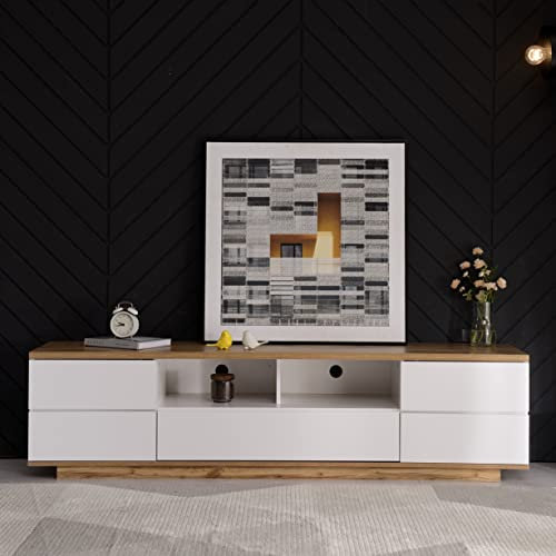 Meuble TV Moderne Color-Block Blanc de 180 cm avec 8 tiroirs, Meuble TV Effet Bois, Armoire TV avec Un Grand Espace de Rangement pour Le Salon