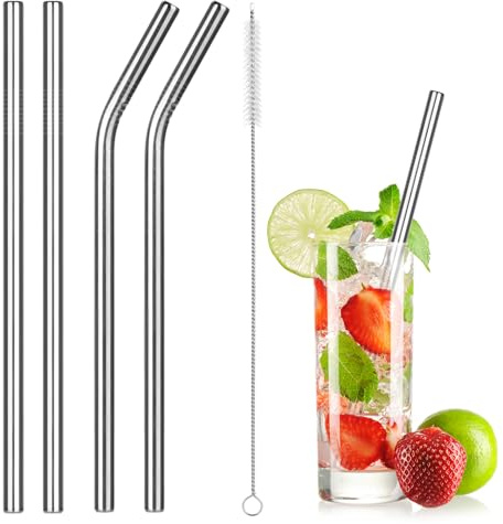 4 Pcs Metal Boba Straws, 10mm Extra Wide Stainless Steel Straws, Reusable Metal Drinking Straws for Cocktails, Bubble Tea, Milkshake, Cold and Hot Drinks (2 Straight + 2 Bendy + Cleaning Brush)