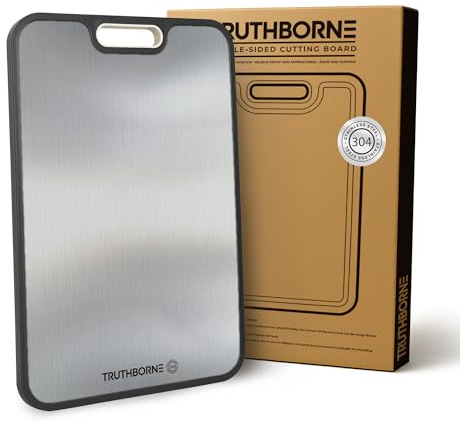 TRUTHBORNE Tabla de cortar cocina acero inoxidable doble cara con fibra de trigo – utensilio de cocina ecológico, antideslizante, sin olores ni BPA, accesorio doméstico 38,5 x 26,5 cm