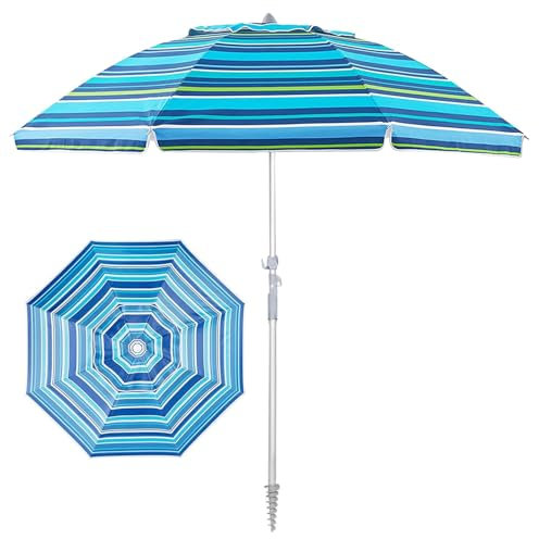 Tragbarer Gestreifter Strandschirm mit Sandanker, Sonnenschirm für den Außenbereich mit Robuster Aluminiumstange, Winddichter und Regenfester Gartenschirm, LSF 50+