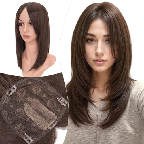 Elailite Hair Topper Clip In Haarteile Haartopper mit Pony Schokoladenbraun, Extensions Für Dünnes Haar Oberkopf Haarteil Toupet Frauen Haarverlängerungen Lace 15cmx15cm (35cm, 120g)