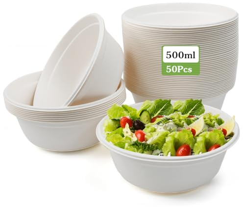 Kleemeiero 50 Stück Suppenschalen Einweg 500ml Suppenteller Pappschalen Nachhaltige Einwegschalen aus Zuckerrohr Suppenschüssel Biologisch Abbaubar Kompostierbar Pommesschalen für Party Picknicks