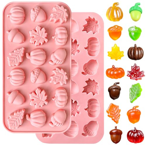 2 Stück 18-Loch Bonbon Formen Silikon Schokoladenform Ahornblätter Eicheln Kürbis Keks Gummibärchen Form Kleine Silikonformen Backen Schokoladenform Silikon für Pudding Bonbon Schokolade Dessert