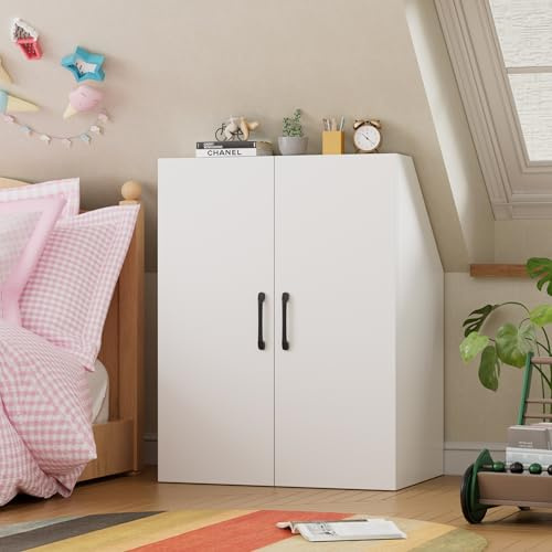 MSFE Dachschrägenregal mit 2 Türen Dachschrägenschrank 100x80x51.5CM Kleiderschrank mit schräger Wand im Dachgeschoss-Schlafzimmer Bücherregal Weiß in Holz 4-Tier Regal für Dachschrägen