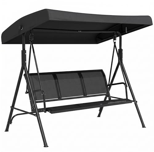 Outsunny Dondolo da Giardino 3 Posti con Tettuccio Parasole Regolabile, Dondolo da Esterno con Seduta Traspirante in Poliestere e Telaio in Acciaio, Portata 200 kg, Anti UV, 175x118x159 cm, Nero