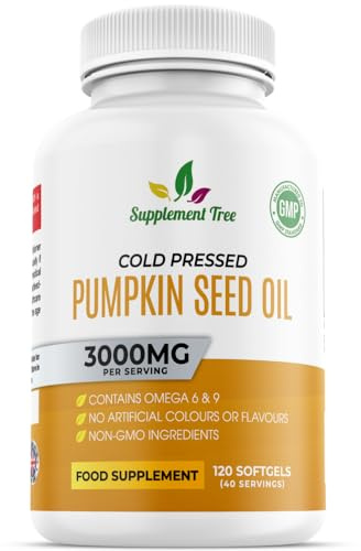 Pumpkin Seed Oil Capsules 3000mg (Per 3 Softgels) – Cold Pressed, High Strength Omega 6 & 9 (Linoleic & Oleic Acid) – UK Made Food Supplement – 120 Softgels (40 Servings)