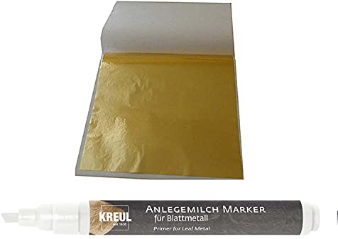 20 Blatt Blattgold Imitat Blattmetall Schlagmetall 13,5cm x 13,5cm zum Vergolden & Basteln Kunst Handwerk Vergoldung Dekoration Möbel Malerei + 1 x Kreul Marker Anlegemilch im Stift