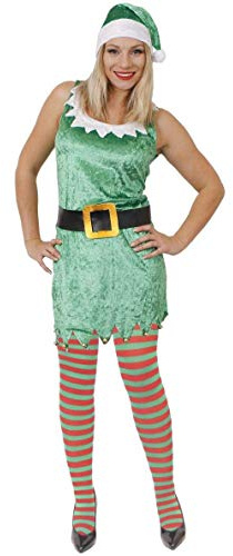 LADIES SEXY ELF CHRISTMAS COSTUME - GREEN VELOUR DRESS WITH WHITE DETAILING + GREEN VELOUR HAT WITH WHITE TRIM + GREEN AND RED STRIPED TIGHTS - SIZE: MEDIUM