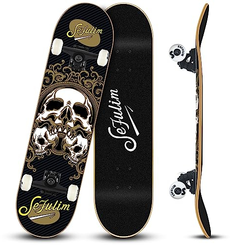 Sefulim 31 x 8 Pollice Completo Skateboard 7 Strati Acero Canadese Doppio Kick Deck Concavo Cruiser Trick Skateboard per Ragazzi Ragazze Adolescenti Adulti Principiante（skull）