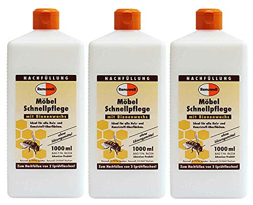 Renuwell Möbel Schnellpflege mit Bienenwachs, 3x 1 Liter – Reinigung und Pflege für Möbel und Holzoberflächen, entfernt Staub & Fingerabdrücke, frischt Farben auf, Schweizer Qualität