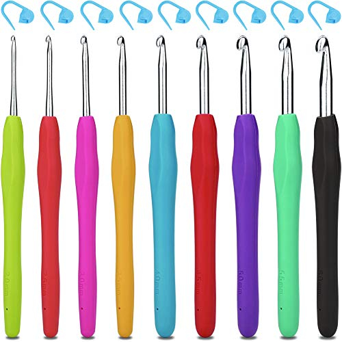 H&S Ergonomisches Häkelnadel Set – 9-teiliges Häkelset – Aluminium, Gummi-Softgriff, 12 Maschenmarkierer - Häkeln für Anfänger und Kinder