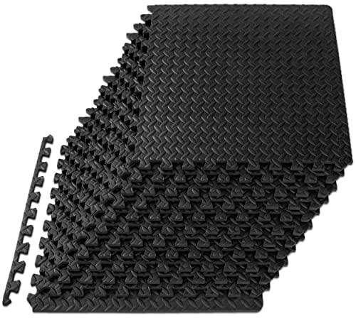 ProsourceFit Puzzle Exercise Mat ½ in, EVA Interlocking Foam Floor Tiles for Home Gym, Mat for Home Workout Equipment, Floor Padding for Kids, Black, 24 in x 24 in x ½ in, 48 Sq Ft - 12 Tiles