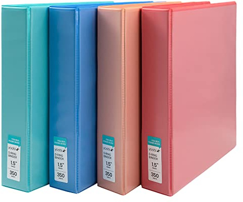 Yoobi 3 Ring Binders – 1.5 Inch Binder with Round D Rings and 2 Pockets, Durable, PVC-Free Organizer with 375 Sheets Capacity, 4- Pack Colored Binders with Plastic Cover for Office Supplies