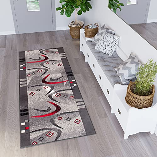TAPISO Dream Läufer Teppich Meterware Flur Brücke Modern Streifen Bumerang Grau Rot Schwarz Schlafzimmer Wohnzimmer ÖKOTEX 80 x 280 cm