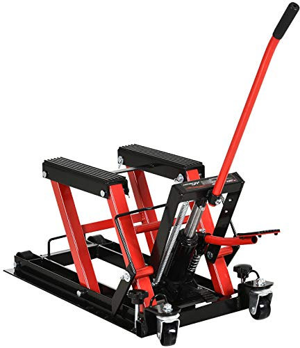 DURHAND Gato Hidráulico de Motocicletas Soporte 680 kg Elevador ATV para Garaje Pista Altura Ajustable 24-36 cm con Plataforma Almohadilla Antideslizante de Alta Resistencia 110x36x67 cm Negro y Rojo