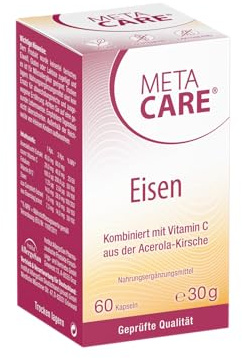 META CARE Eisen - Pflanzliches Eisen aus dem Curryblatt - Kombiniert mit Vitamin C aus der Acerolakirsche - VEGAN - LACTOSEFREI - 60 Kapseln