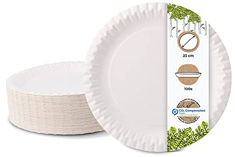 BIOZOYG Pappteller weiß rund Ø 23 cm I Imbissteller aus Frischfaser für Pommes Kuchen Currywurst etc. I recycelbar - umweltfreundlich - biologisch abbaubar I Teller aus Pappe I 100 Stück