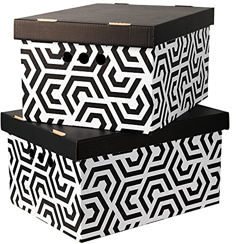 SOFTILLO Cardboard Storage Boxes with Lid Decorative Wardrobe, Closet, Home & Office Organiser with Handle Flat-Packed, Stackable File Box Gift for Adults & Kids Set of 2 Large Geometric Maze