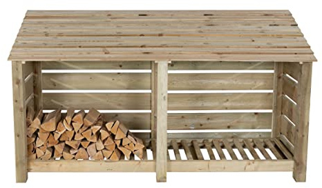 Arbor Garden Solutions Wooden Log Store, Slatted Firewood Storage Double Bay (2.3m meter capacity) (W-227cm, H-126cm, D-88cm) (Without Kindling Shelf)