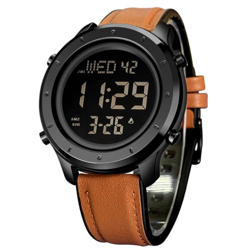 zolohoni Herren-Lederuhr für Herren, Digitaluhr, Herren-Armbanduhr, LED, minimalistisch, Edelstahl, wasserdicht, Stoppuhr