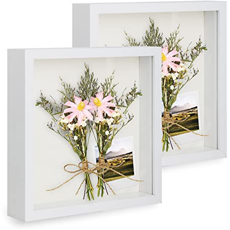 Anhow 2er 3D Bilderrahmen zum Befüllen, 3D Bilderrahmen Tiefer Objektrahmen 23 x 23 cm mit Transparente Echtglas für Tischplatte und Wand - Weiß/ 3cm