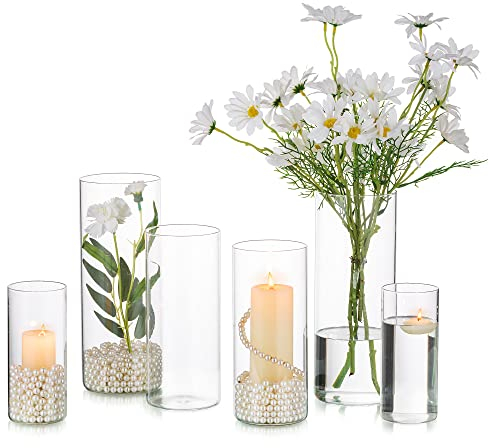 Inweder Vase Glas Zylinder Blumenvase - 6 Pcs Vasen Deko Klaren Glasvase für Hochzeit Tischdeko Windlicht Glas Kerzenständer Kerzenhalter für Stumpenkerzen Schwimmende Kerzen Wohnzimmer 15+20+25cm