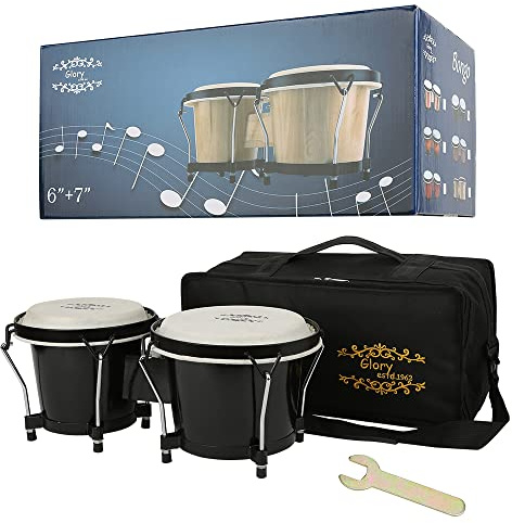 Glory Bongo Drums 15,2 cm und 17,8 cm Holz-Schlagzeug-Instrument, Bongos mit Tasche und Stimmschlüssel, Schwarz