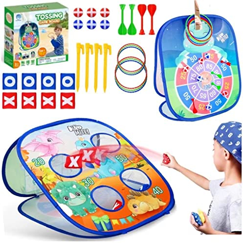 Dartscheibe Wurfspiel Gartenspiele für Kinder,5 in 1 Dinosaurier/Einhorn Wurfspiel Dartscheibe mit Dart,Sitzsack,Klettbälle,Ring Toss Dreiseitiges Zusammenklappbar Spielzeug Bean Bag Toss Set (Blau)
