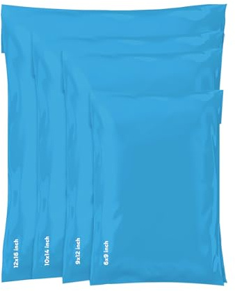 Straame 60x Blue Opaque Postage Bags, Mixed Size Self Seal Mailers, 4 Sizes | Includes 15 each of 6x9, 9x12, 10x14 and 12x16 in; opaque bags with 40 mm lip seal for clothing, books, documents and postage