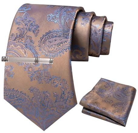 JEMYGINS Ensemble de cravates cachemire pour homme avec pince à cravate et mouchoir de poche, Couleur latte marron thé, taille unique