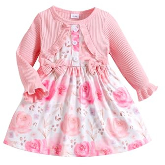 puseky Bebisklänning Flicka Blommig Tryck Långärmad Klänning Splicing Bow Baby Girls Prinsessklänning för Bröllop Födelsedagsfest, Rosa, 2-3 år