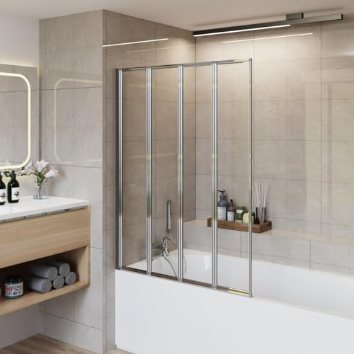 Aquariss 850x1400mm Bathroom 4 Folding Panel Bath Shower Screen 4mm Self Clear Glass Pivot Door Reversible Chrome