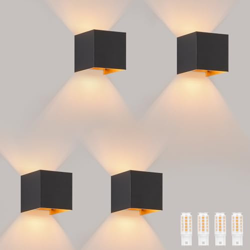 Homefire Lot de 4 appliques murales noires LED - Lampe murale extérieure, étanche IP65, avec projecteur réglable, lumière blanche chaude, G9, pour couloir, jardin, terrasse, entrée