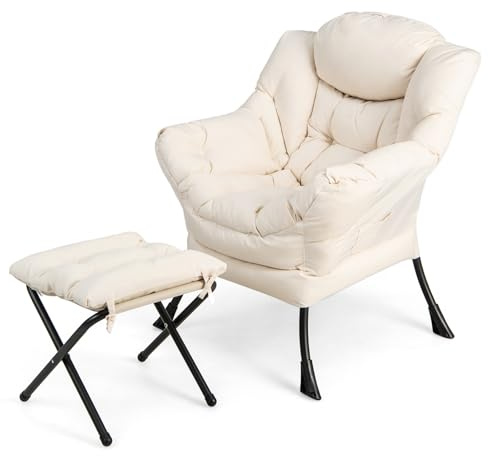 GOPLUS Fauteuil Salon, Chaise Paresseuse avec Repose-Pieds Ottoman Pliant, Pochette Latérale, Chaise Canapé de Loisirs, Style Scandinave, pour Salon, Chambre, Balcon,Charge 150KG+50KG (Blanc)
