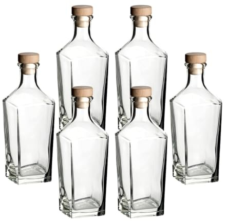 gouveo Set di 6 decanter da 500 ml Ina con tappo di sughero (HGK) – Bottiglia di design da 0,5 l in vetro – Caraffa con corpo quadrato per liquore, whisky, cognac (DIT500HGK)