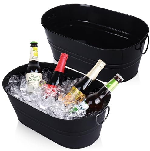 Galvanized Tub Beverage Tubs, 2pcs Metal Ice Buckets for Cocktail Bar 3 Gallon Wine Beer Drink Buckets with Handles Large Tub Cooler Mimosa Bar Supplies Ice Bucket for Parties 15x9.6x6inch (Black)