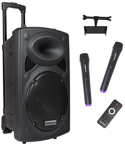 DYNASONIC Dynapro Altavoz Autoamplificado Potente 15/1000W, Altavoz Bluetooth Portátil 2 Micrófonos, Sistema PA, TWS, USB/SD y Batería Larga Duración. Ideal para Exterior