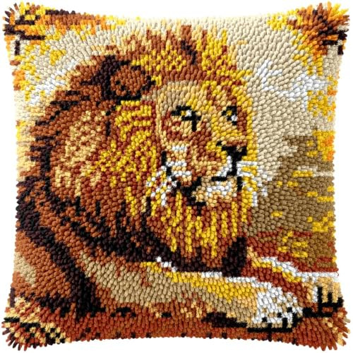 kitphoenix Knüpfkissen Set Löwe Latch Hook Kissen Kit für Kinder oder Anfänger Erwachsene zum Selber Knüpfen, DIY Knüpfteppich Knüpfpackung, Knüpfhaken Set 43 x 43 cm