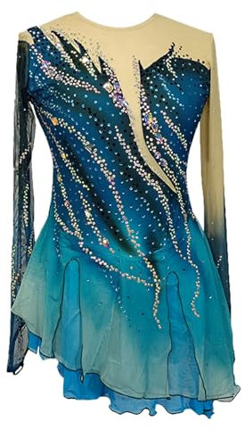 Kmarouse Eiskunstlauf Kleid Mädchen Tanz Trikot Mit Strass Glitzer Bühnenauftritt Eistanz Rollkunstlauf Kleider(Blau)