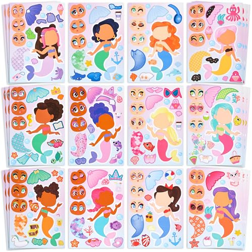 JOYIN 36 Stück Tier Aufkleber Kinder, Sticker Set, Make-a-Face, Kleine Geschenke, Kindergeburtstag Gastgeschenke, Mitgebsel Ab 3 Jahren (Meerjungfrau)