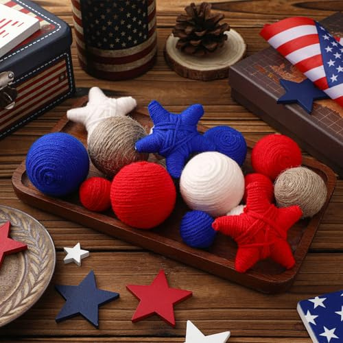 Syhood 16 Pcs 3 Sizes 4th of July Decorative Balls Rustic Patriotic Bowl Filler Red White Blue Decoration Stars Yarn Rope Balls 250th Anniversary Independence Day Home Table Decor for DIY Craft Vase