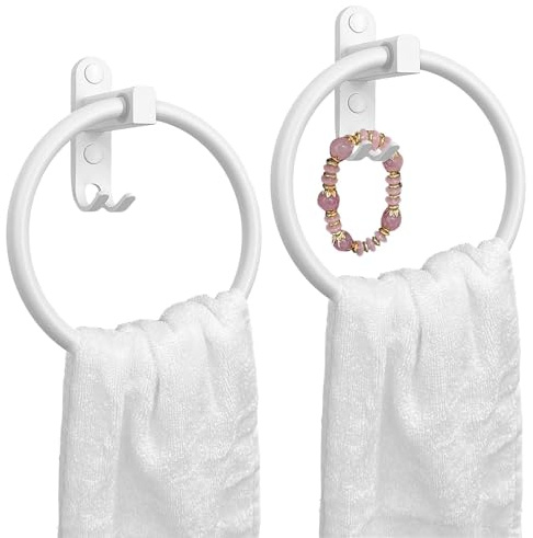Daily Treasures 2er-Set Weiße Weltraumaluminium Handtuchhalter mit Haken, 16cm Rundes Badezimmerzubehör Selbstklebend ohne Bohren für Küche, Dusche, Schrank (Wandmontage)