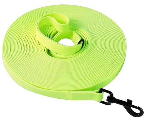 Wasserdicht Schleppleine für Hunde, Schleppleine 5m/10m/15m/20m mit Handgriff und D-Ring, Leicht zu Reinigen Gummierte Hundeleine Trainingsleine für Kleine Mittlere Große Hunde, Neongrün, 15M