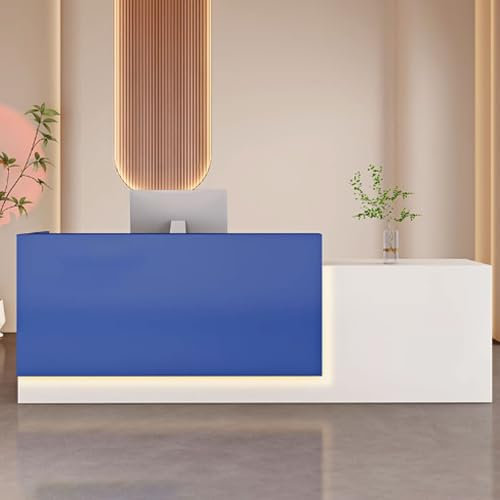 GUQASDV Empfangstresen für Praxis, Reception Desk Salon, Reception Table, Bürotheke Reception Tisch Holzwerkstoff mit Lichtstreifen für Kleinunternehmen(White+Dark Blue,1.2m)