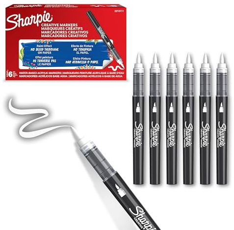 Sharpie Creative Marker Akrylpennor för målning | Vattenbaserade märkpennor för målning | Bläcket rinner inte och fungerar på nästan alla ytor | Penselspets | Vit | 6 Räkningar