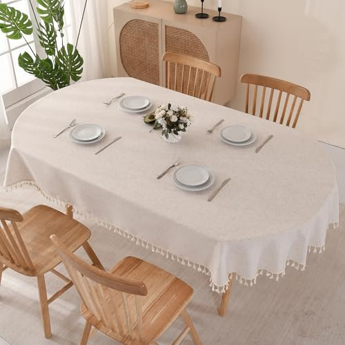 SUCHDECO Tablecloth Oval Cotton Linen Table Cloth 140x180 cm, Solid Beige Tablecloths with Tassels Dust-Proof Washable Table Cover for Dining Table Kitchen Room Decor Birthday Party