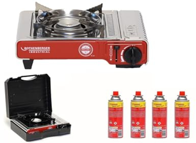 ROTHENBERGER Industrial Campingkocher Deluxe inkl. 4 Gaskartuschen | inkl. Tragekoffer | 1-flammig Gaskocher Camping Gas Kocher Kartusche | für Töpfe 12-34 cm