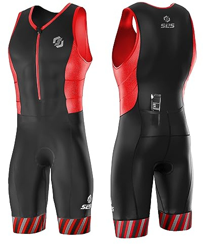 SLS3 Triathlon Suits Mens - Durable Sleeveless Tri Suit Men Triathlon Suit - Lightweight Trisuit with 2 Pockets for Storage (Black/Red Stripes, Medium)